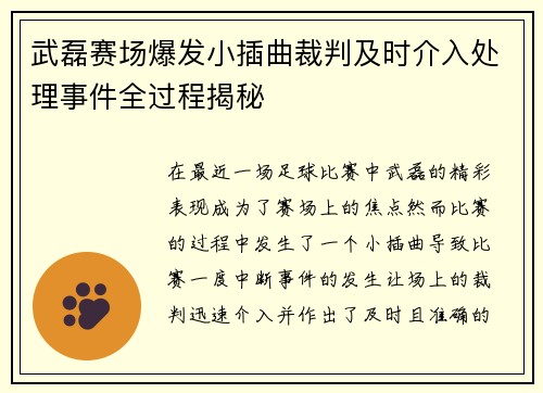 武磊赛场爆发小插曲裁判及时介入处理事件全过程揭秘